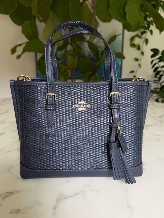 Coach Handbags - NWT Coach CH210 Mollie Tote 25 in Straw & Smooth Leather Midnight Navy Multi